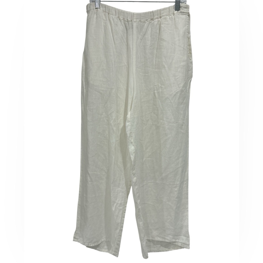 FLAX White Linen Wide Leg Elastic Waist Lagenlook Minimalist Pants - Small